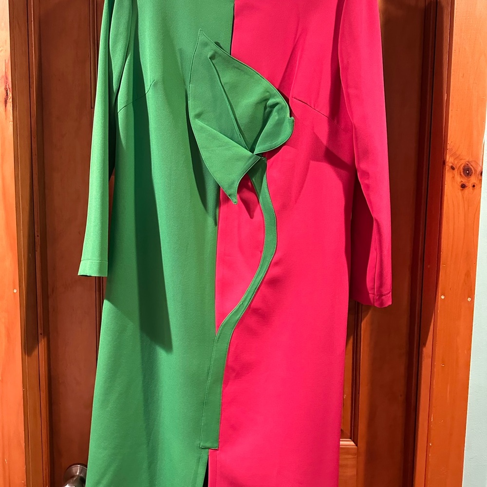 Moldovan Designer Elegant Green and Pink Long Sleeve Dress with sculpted flower